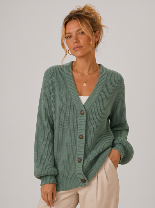 Women's V-Neck Knit Cardigan - Button Front Long Sleeve Sweater