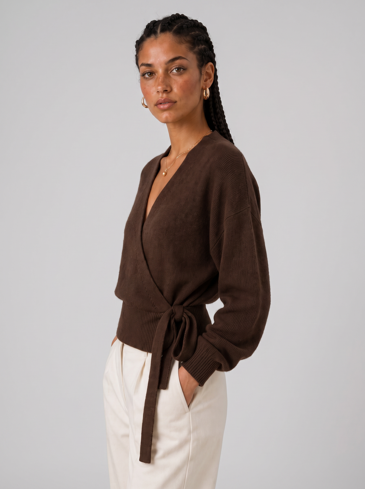 Women's Wrap Sweater - Tie Waist Cropped V-Neck Top