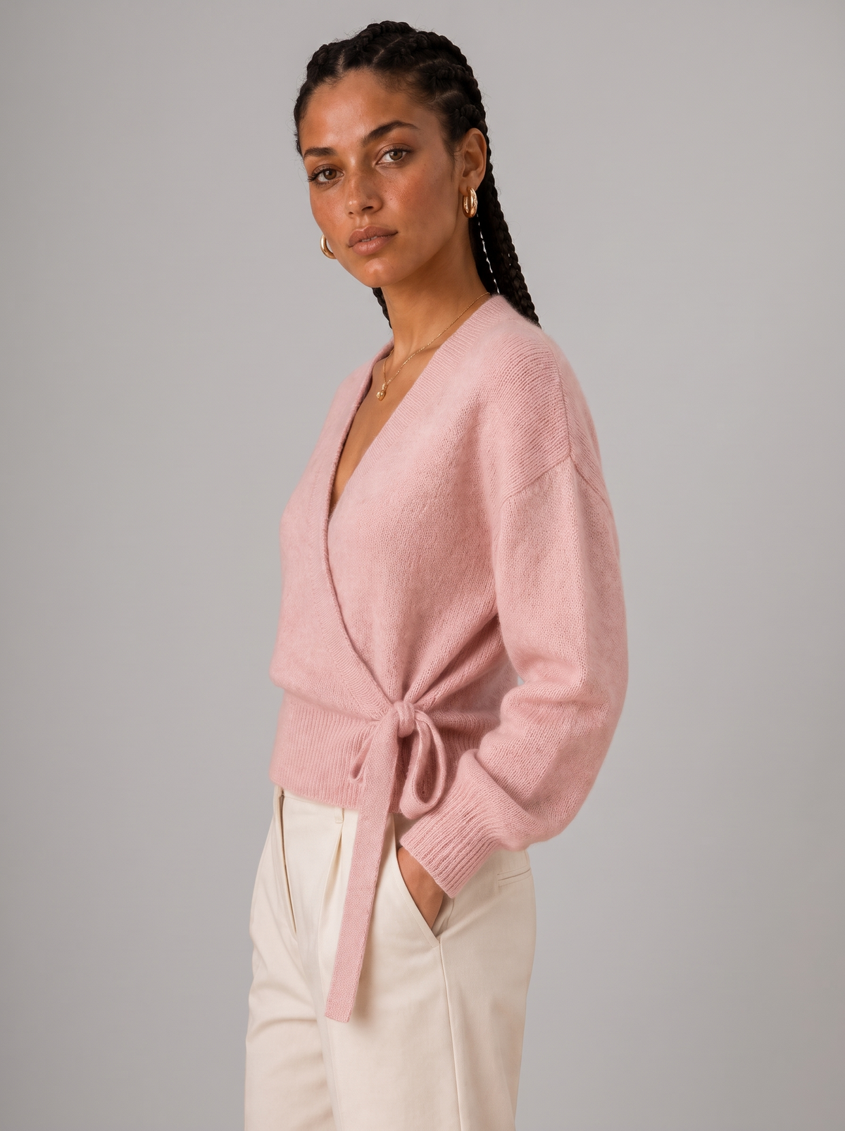 Women's Wrap Sweater - Tie Waist Cropped V-Neck Top