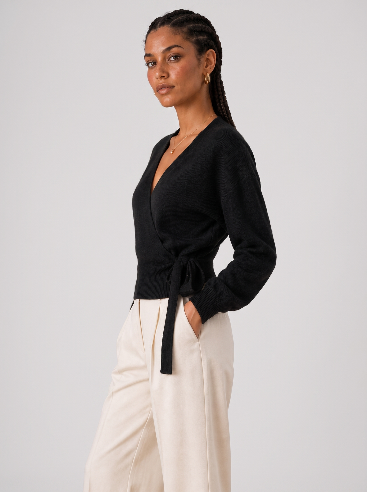 Women's Wrap Sweater - Tie Waist Cropped V-Neck Top