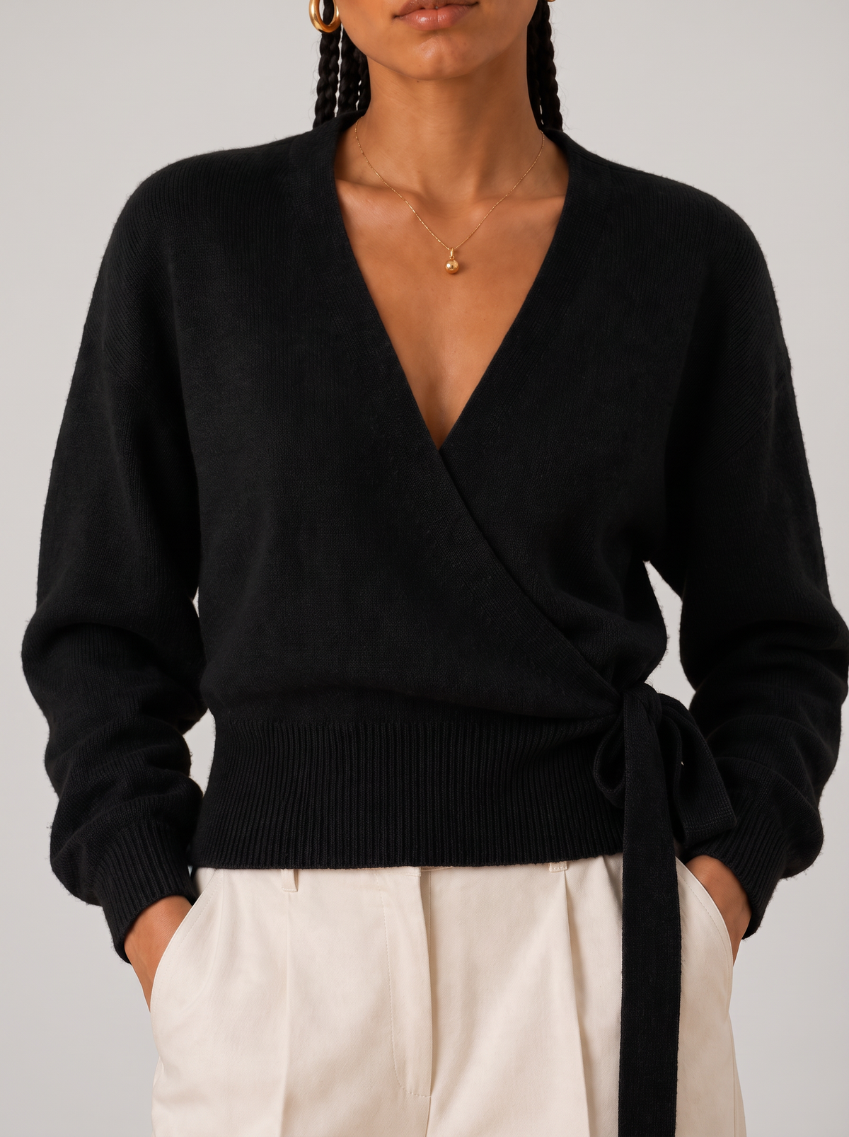 Women's Wrap Sweater - Tie Waist Cropped V-Neck Top