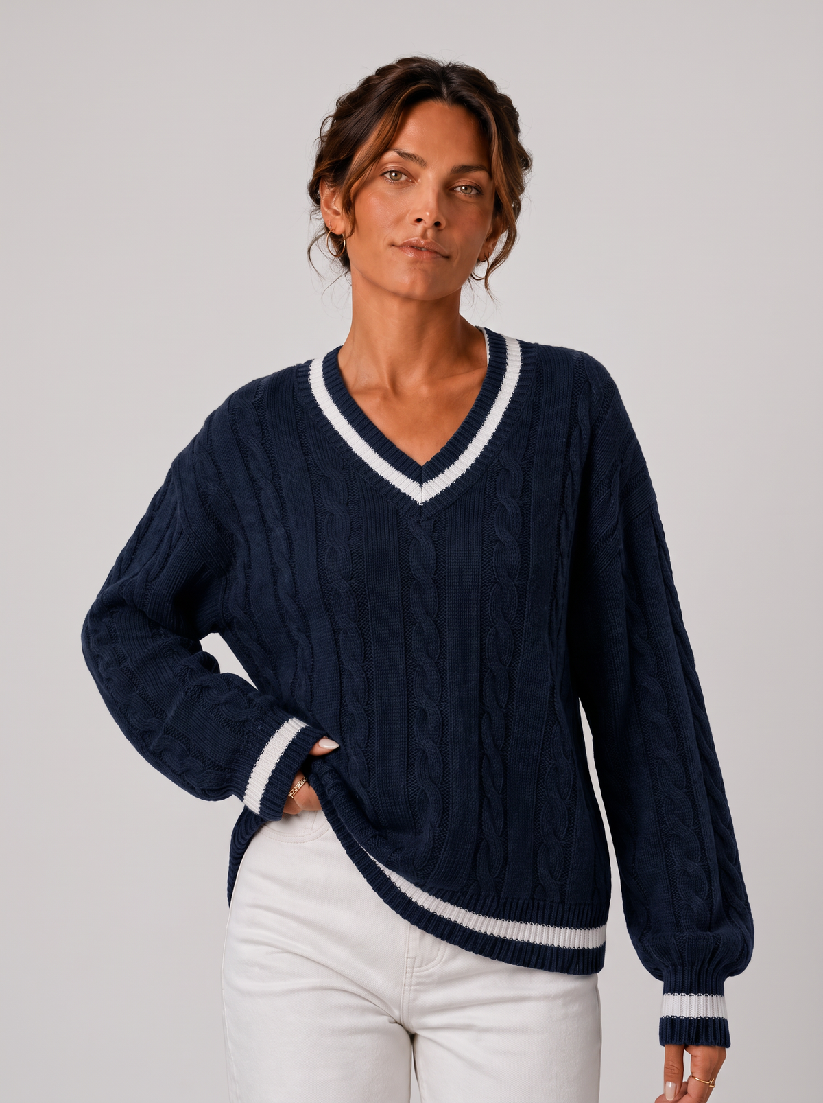 Women's Cable Knit Sweater - V-Neck Long Sleeve Pullover