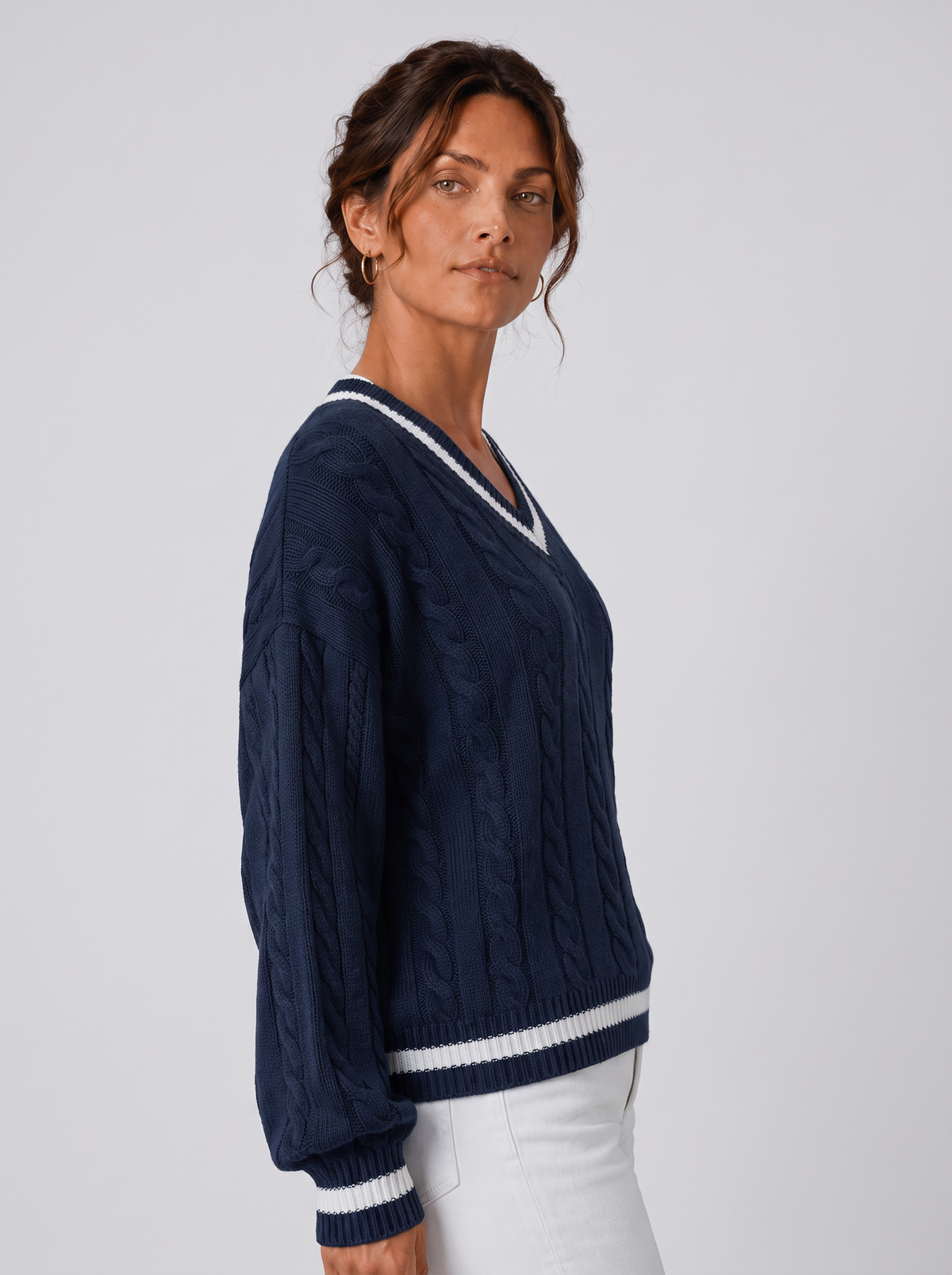 Women's Cable Knit Sweater - V-Neck Long Sleeve Pullover