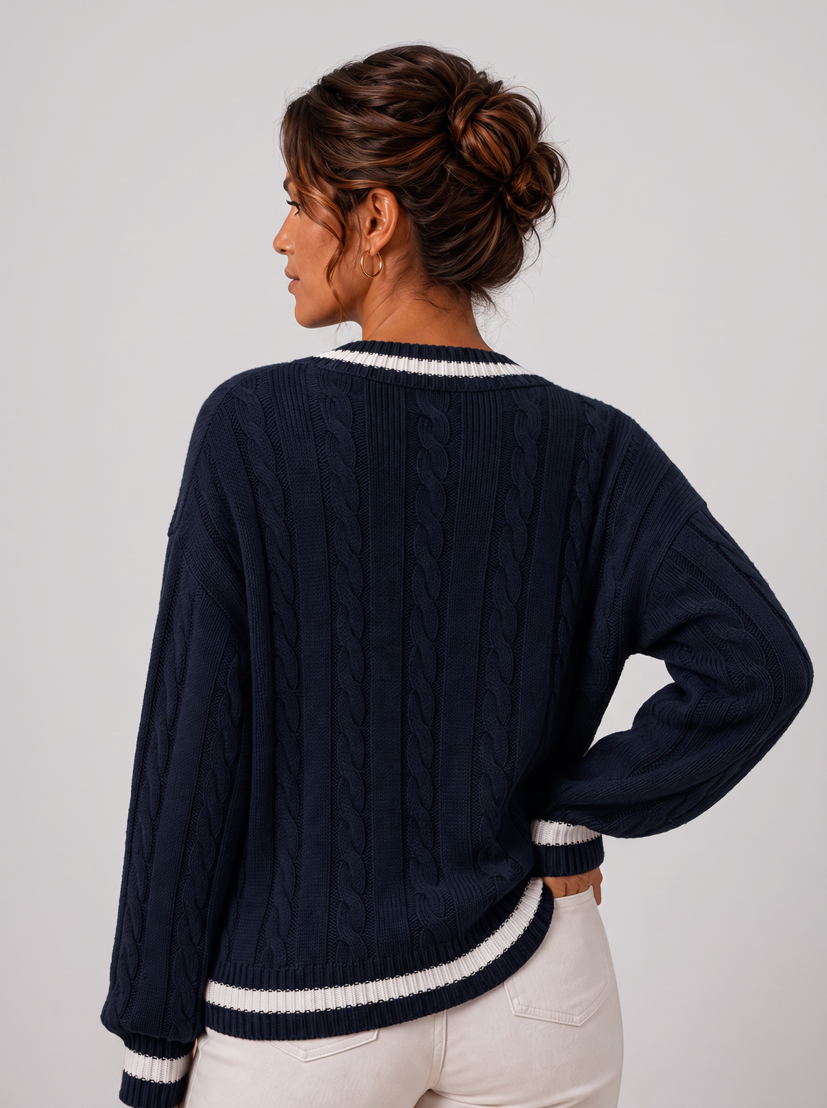 Women's Cable Knit Sweater - V-Neck Long Sleeve Pullover
