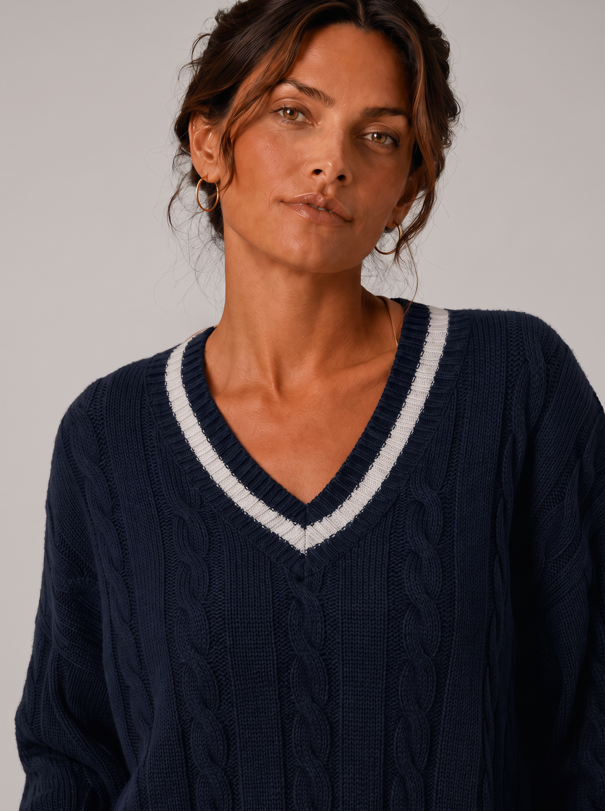 Women's Cable Knit Sweater - V-Neck Long Sleeve Pullover