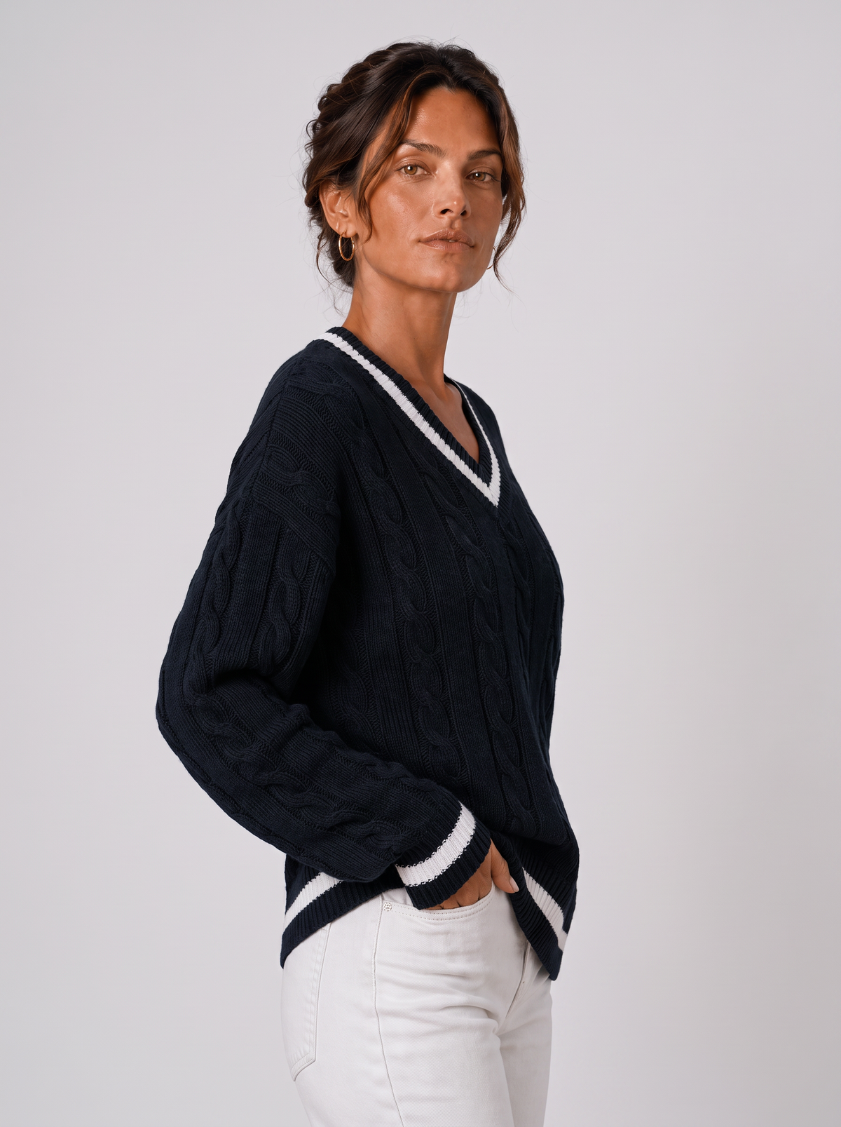 Women's Cable Knit Sweater - V-Neck Long Sleeve Pullover