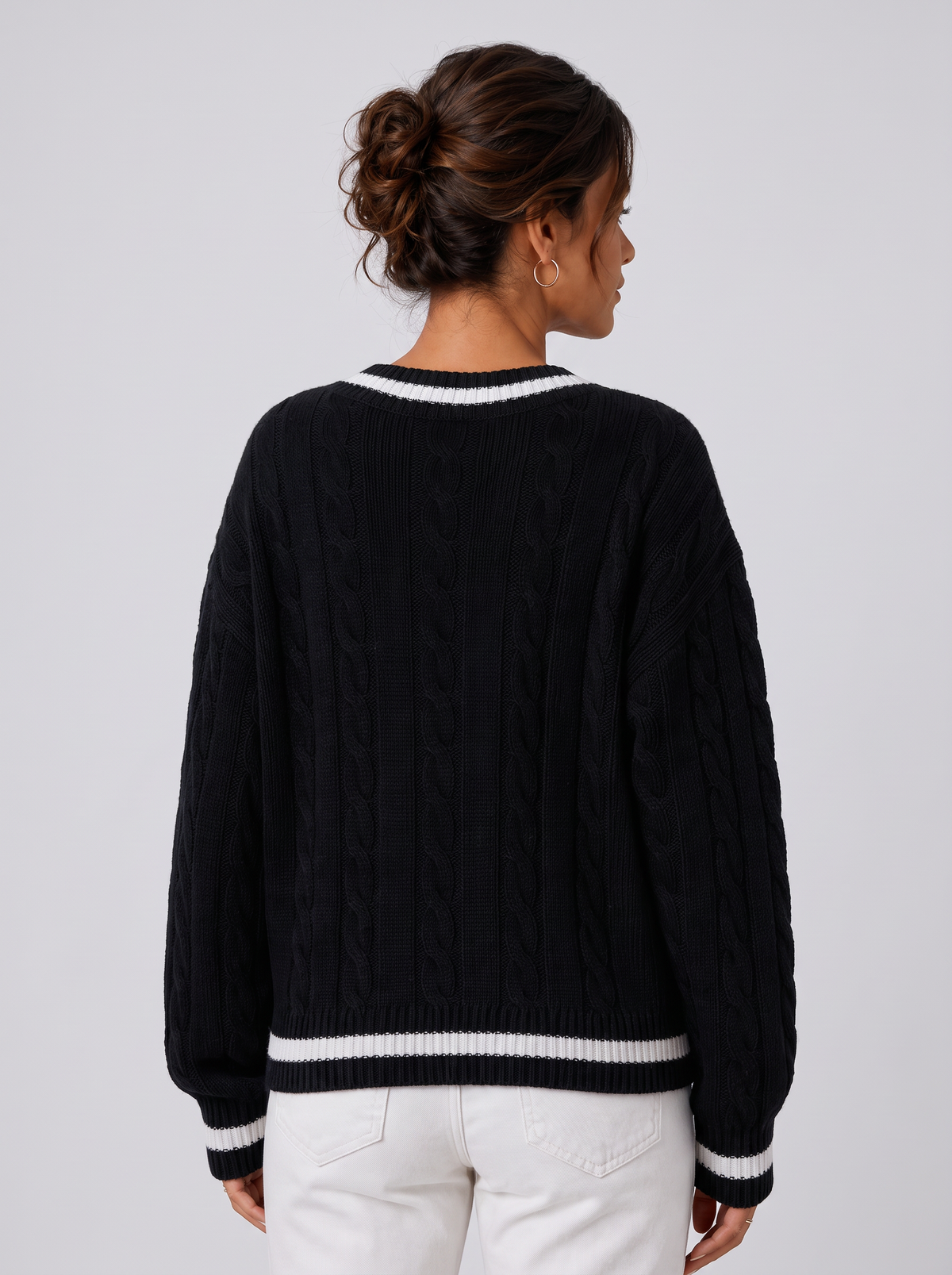 Women's Cable Knit Sweater - V-Neck Long Sleeve Pullover