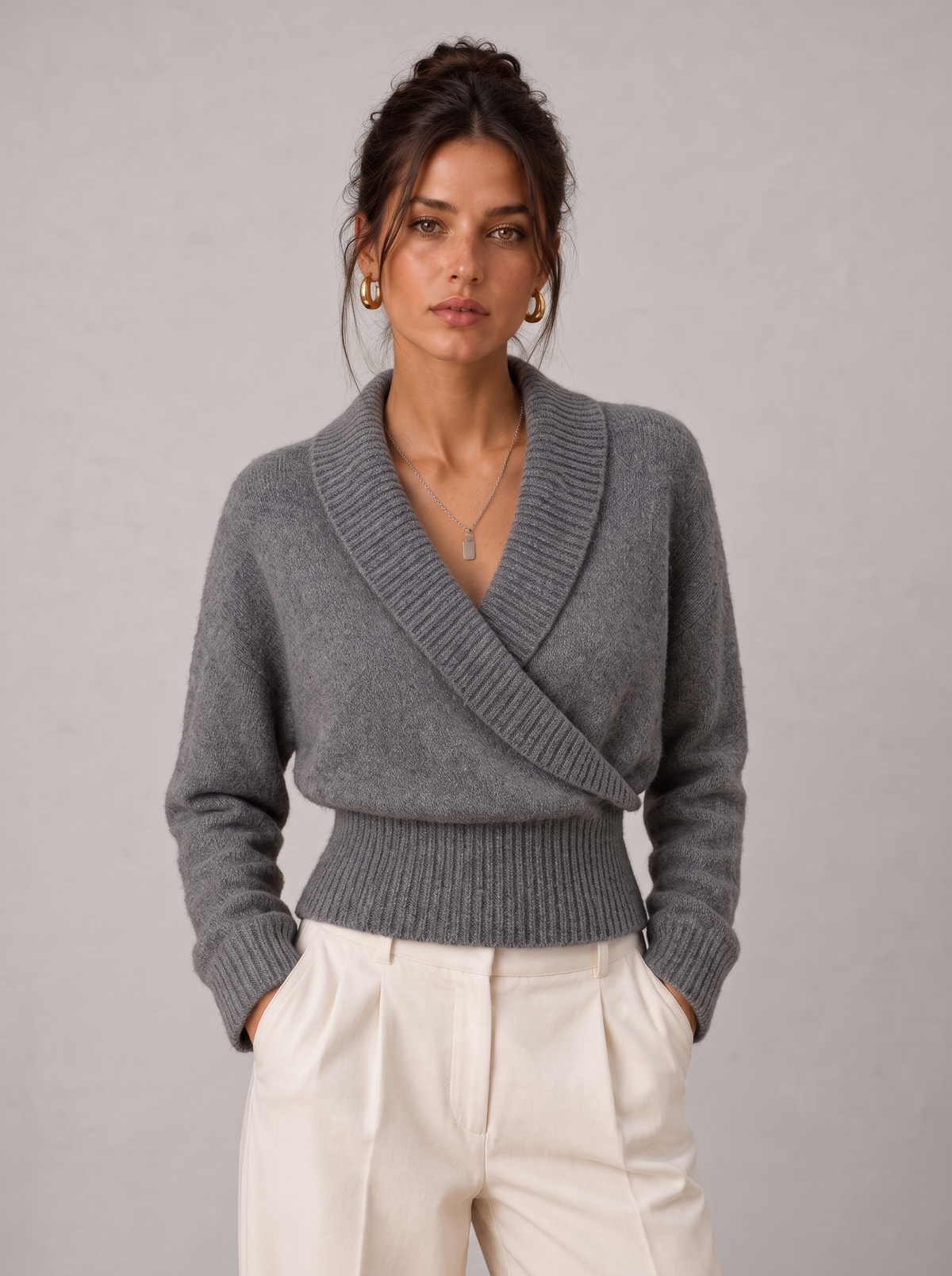 Women's Wrap Sweater - Shawl Collar V-Neck Ribbed Pullover