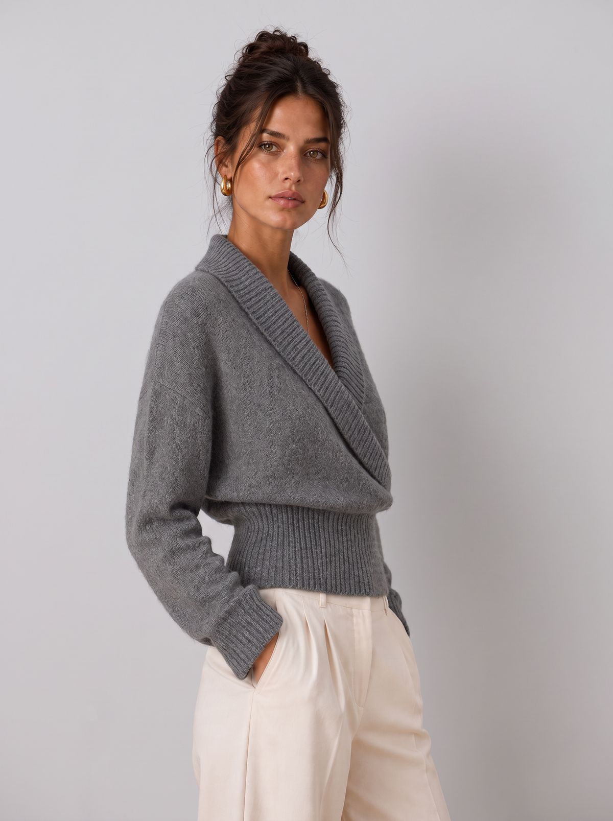 Women's Wrap Sweater - Shawl Collar V-Neck Ribbed Pullover