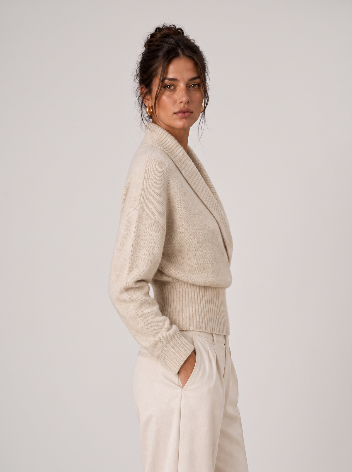 Women's Wrap Sweater - Shawl Collar V-Neck Ribbed Pullover