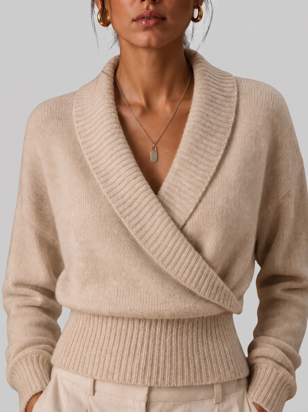 Women's Wrap Sweater - Shawl Collar V-Neck Ribbed Pullover