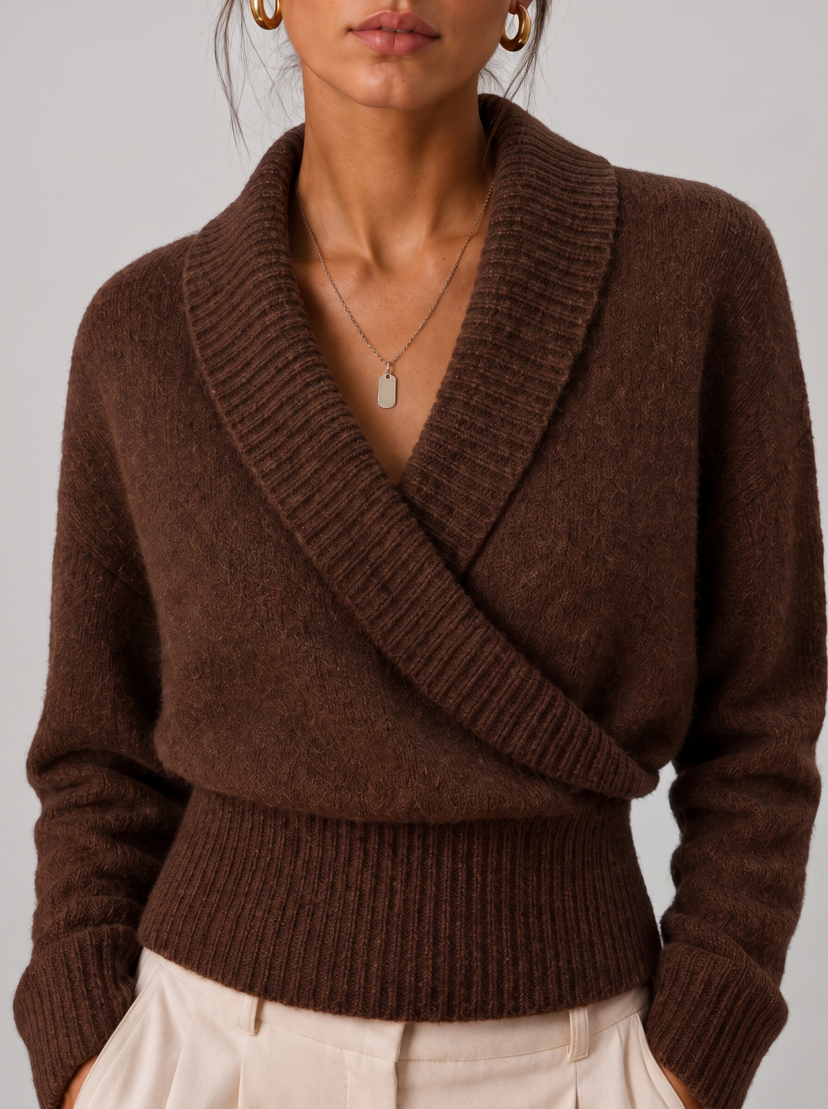 Women's Wrap Sweater - Shawl Collar V-Neck Ribbed Pullover