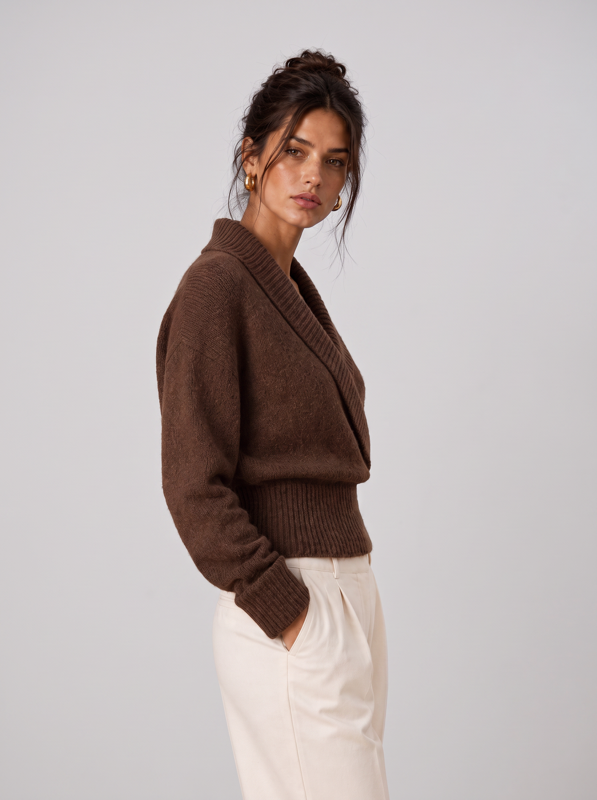 Women's Wrap Sweater - Shawl Collar V-Neck Ribbed Pullover